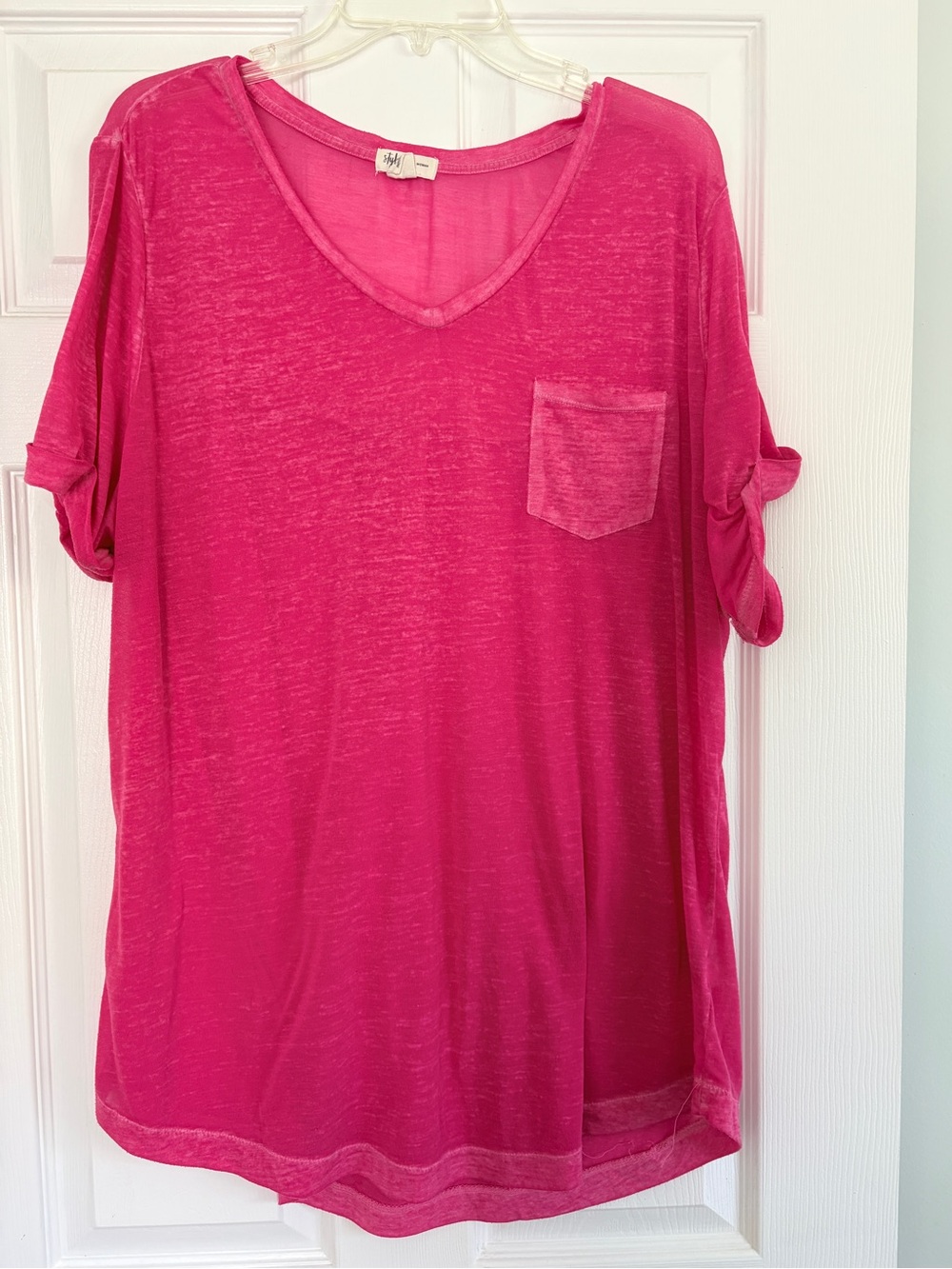 Lightweight sheer t-shirt. Fuschia pink.